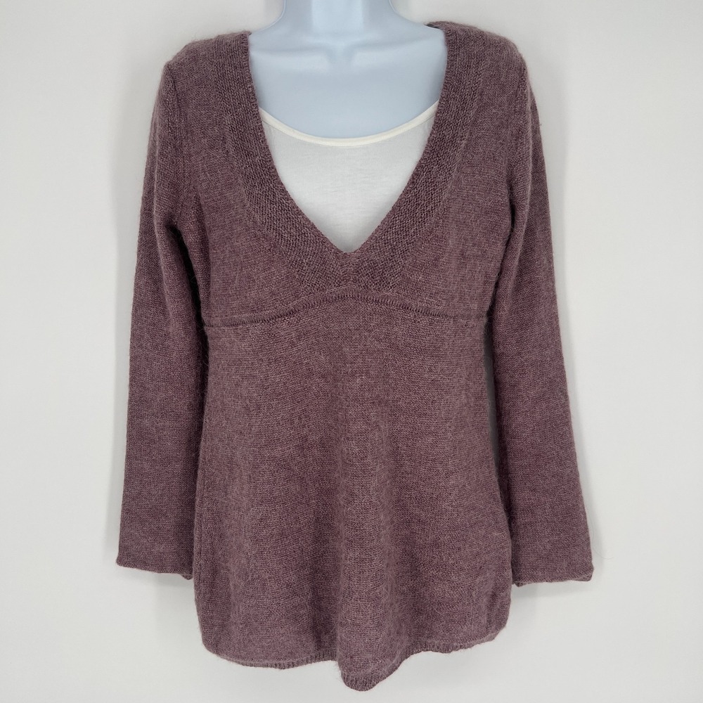 Garnet Hill Womens Y2K Babydoll Deep V Sweater Size S Purple Alpaca Blend Boho - Picture 3 of 13